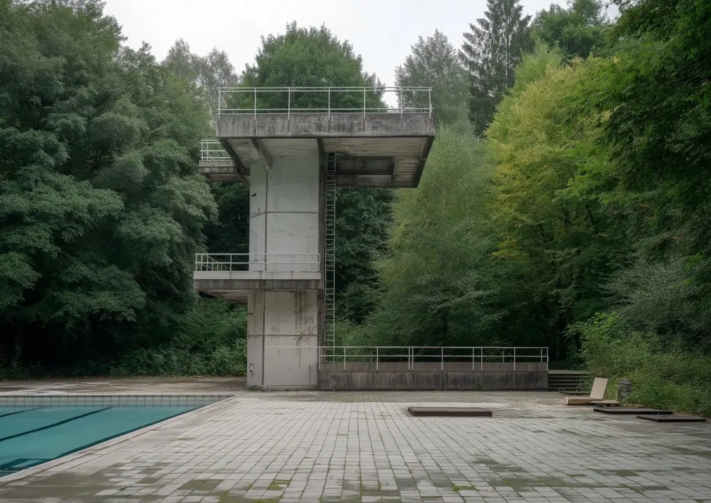 Imaginary outdoor training pool and diving tower